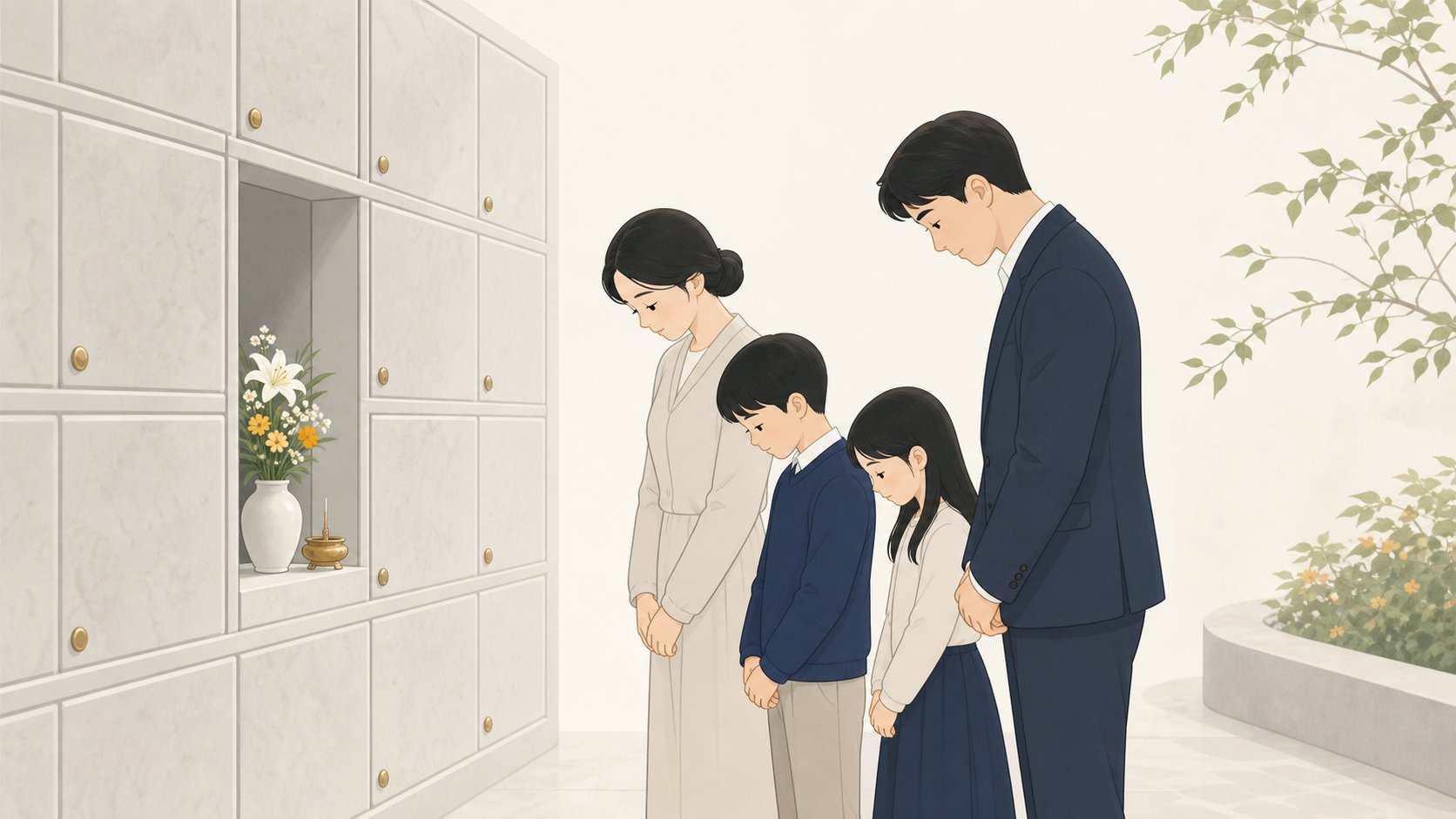 봉안당 앞에서 소박한 꽃과 함께 차분히 고인을 기리며 삼우제를 지내는 가족