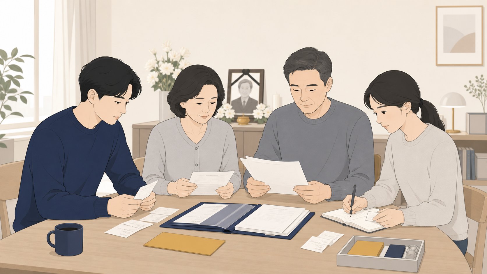발인 후 거실에서 사망신고와 정산 서류를 차분히 정리하는 가족