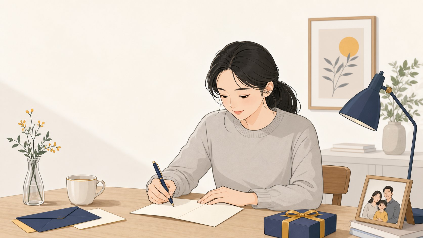 책상에 앉아 도움을 준 분께 전할 감사 인사를 정성스럽게 손으로 적는 모습