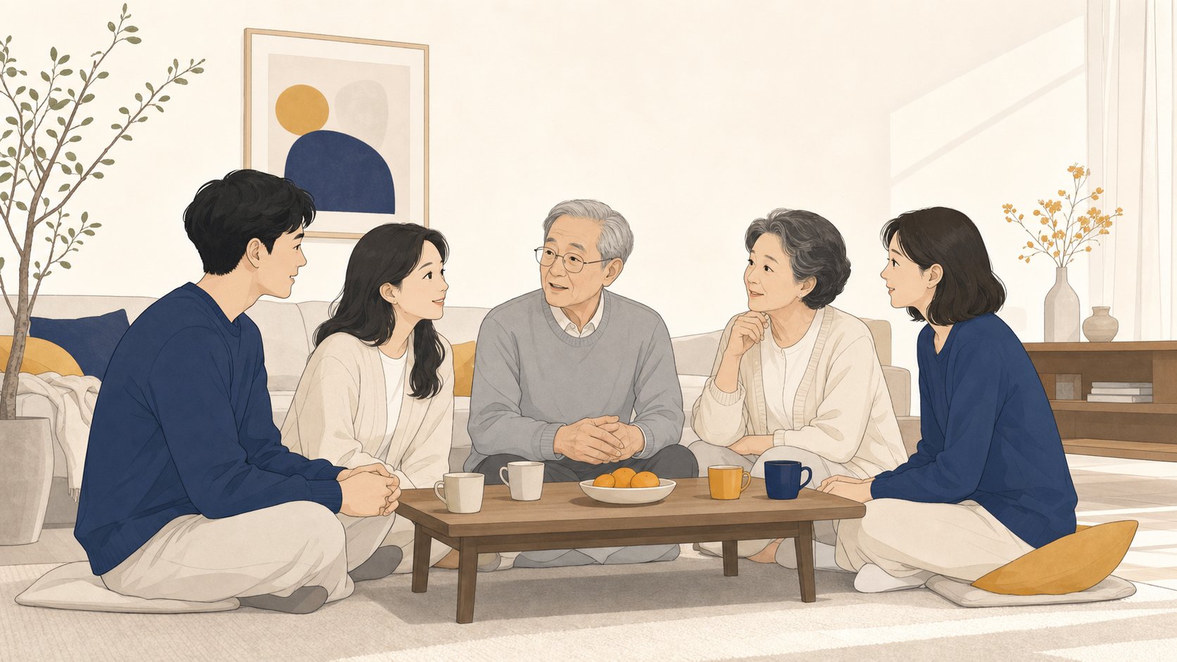 가족이 둘러앉아 부모님의 의향에 대해 부드럽게 대화를 나누는 모습