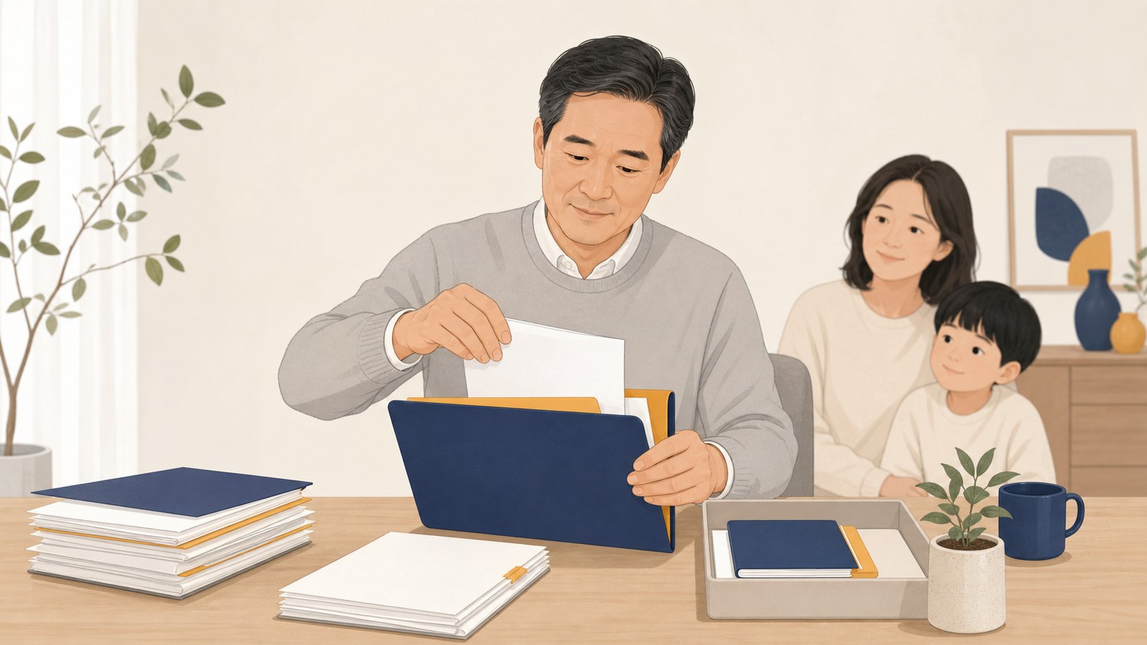 중요한 서류를 폴더에 차분히 정리하며 사전 준비를 하는 중년 자녀