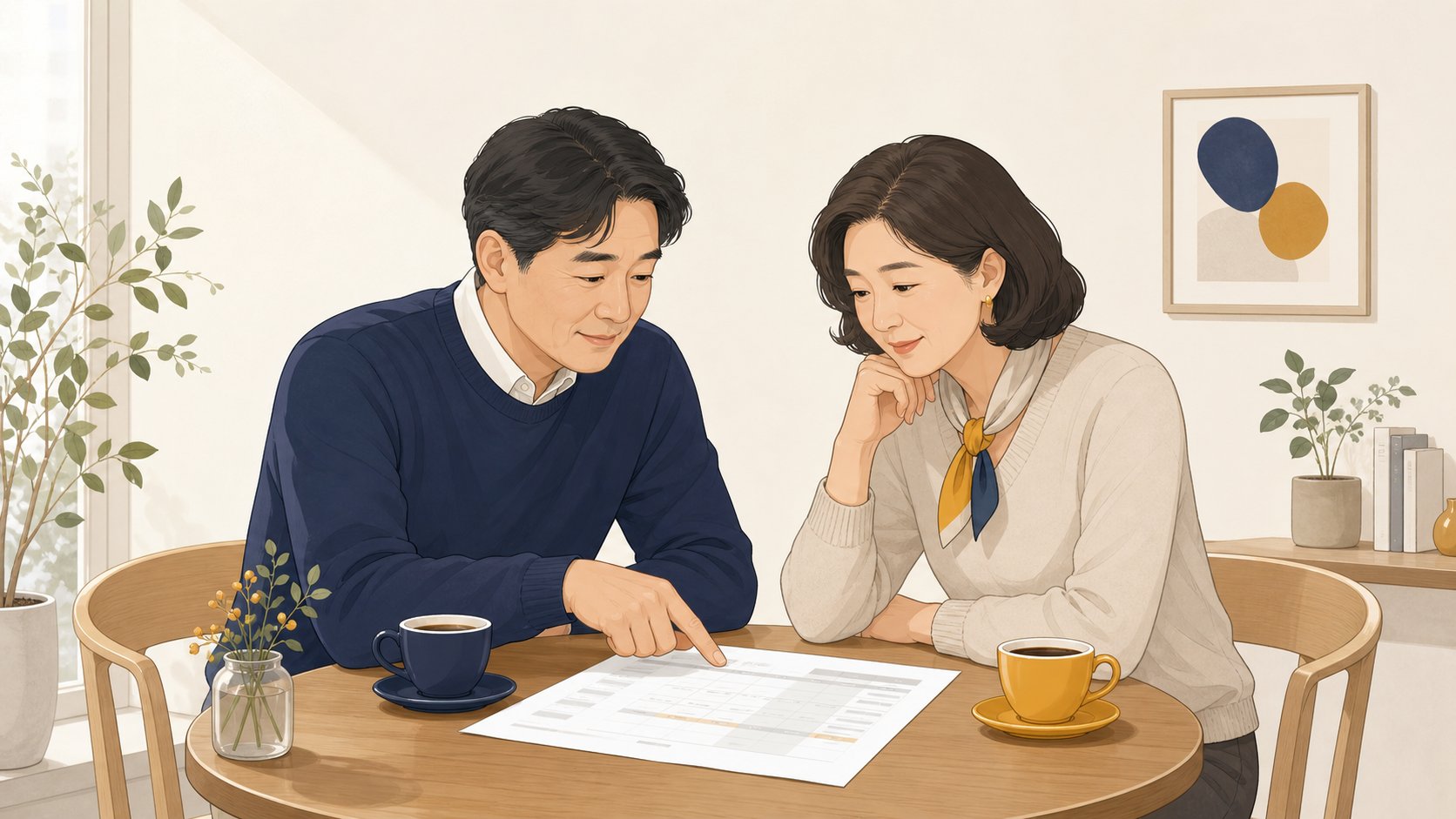 가족 두 명이 카페에서 차량 견적서를 펼쳐두고 항목을 짚으며 의논하는 장면