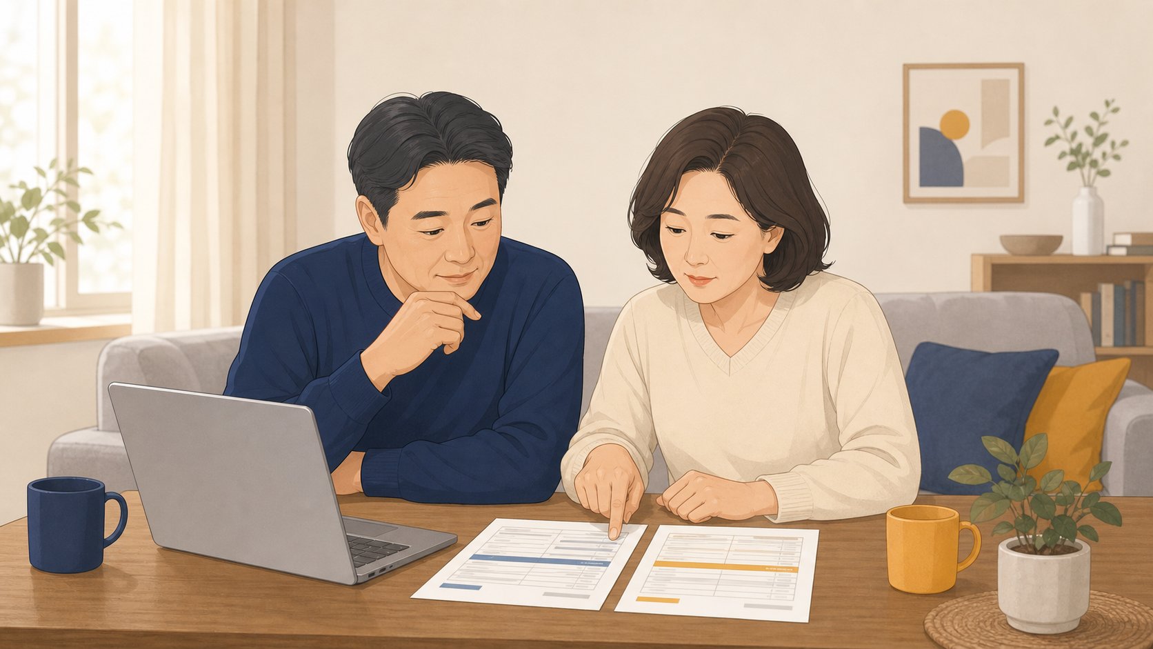 가족 두 명이 거실에서 노트북과 견적서 두 장을 펼쳐두고 항목을 짚어보며 의논하는 장면