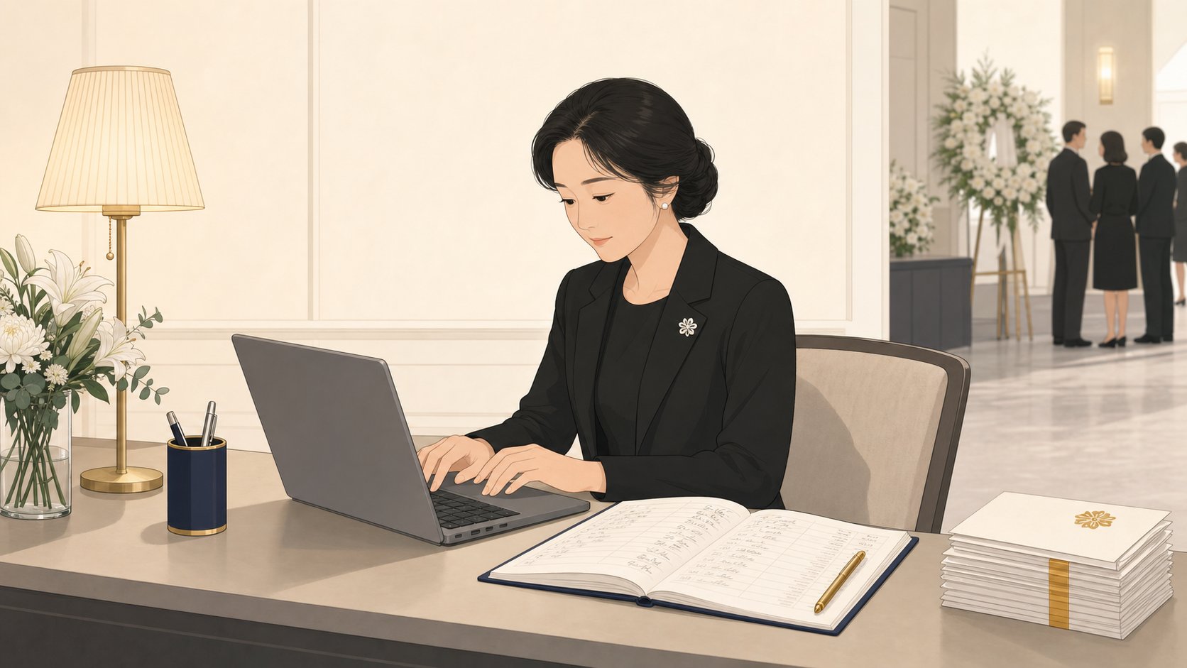 친지 한 명이 호상소 자리에서 노트북에 부고록 표를 옮겨 적고 옆에는 종이 부고록과 봉투가 놓인 장면