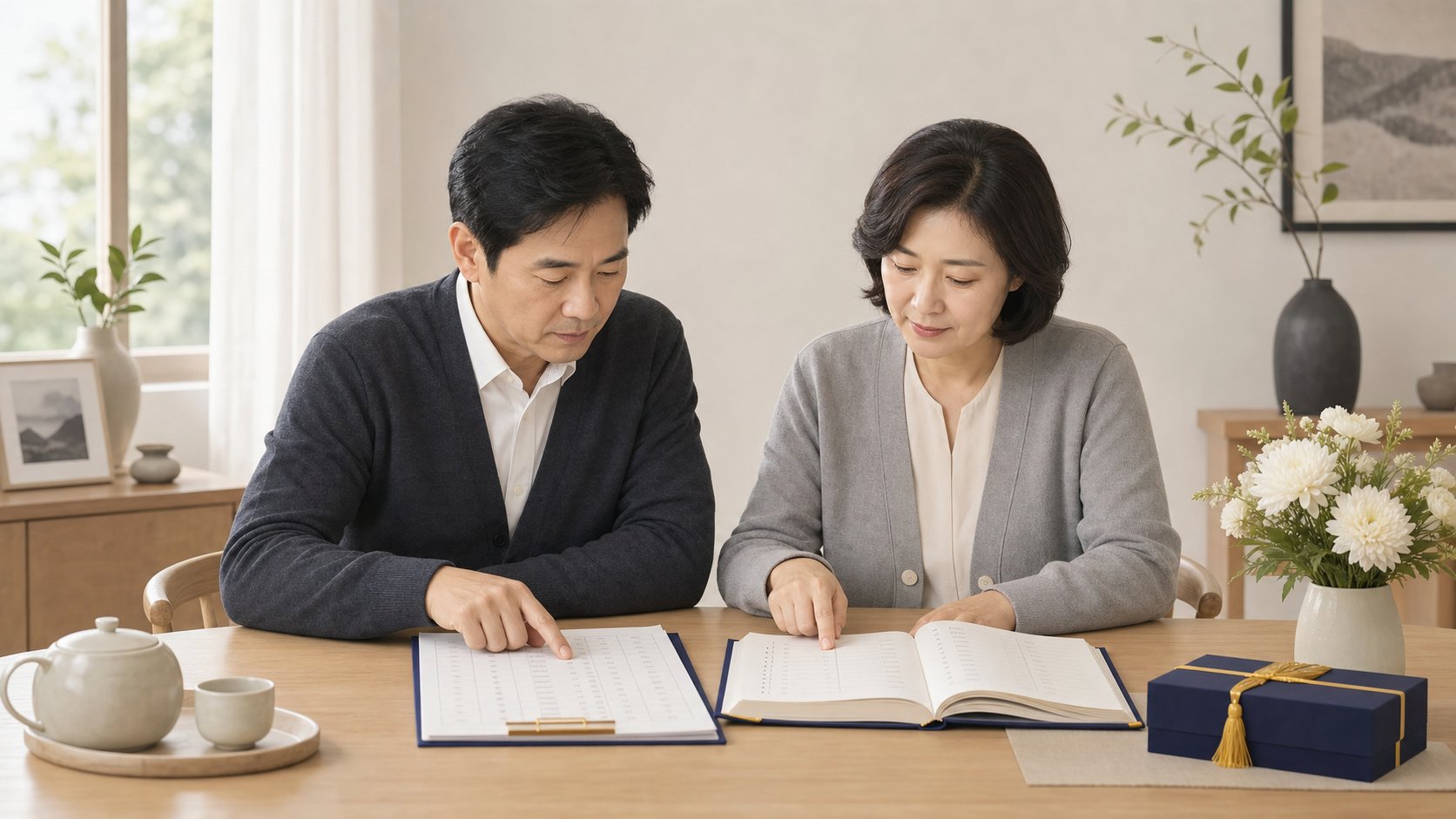 가족 두 명이 거실 식탁에서 부고록과 부의금 정산표를 펼쳐두고 답례 명단을 짚어보는 장면