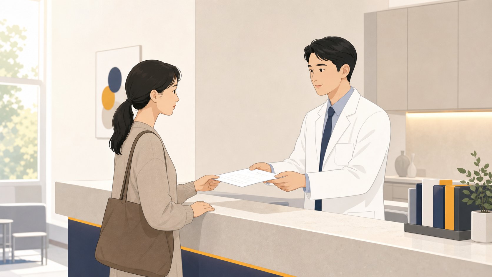 병원 안내데스크에서 가족 한 명이 의료진과 이야기하며 사망진단서를 받는 단정한 일러스트