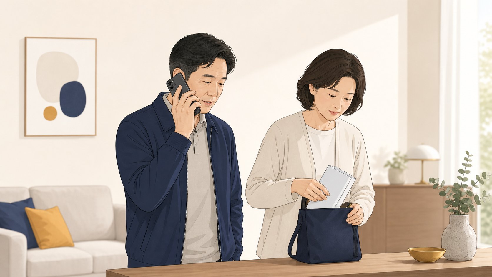 가족 한 명이 휴대폰으로 전화하고 옆 사람이 서류와 가방을 챙기는 단정한 장면