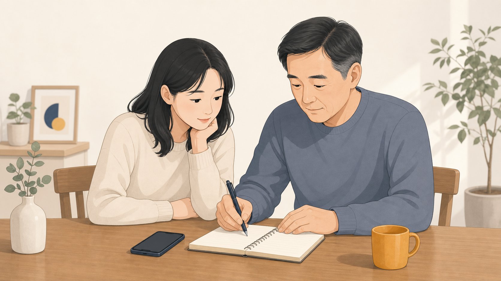 가족 두 명이 거실 식탁에서 휴대폰과 메모장을 보며 부고 안내 순서를 정리하는 장면