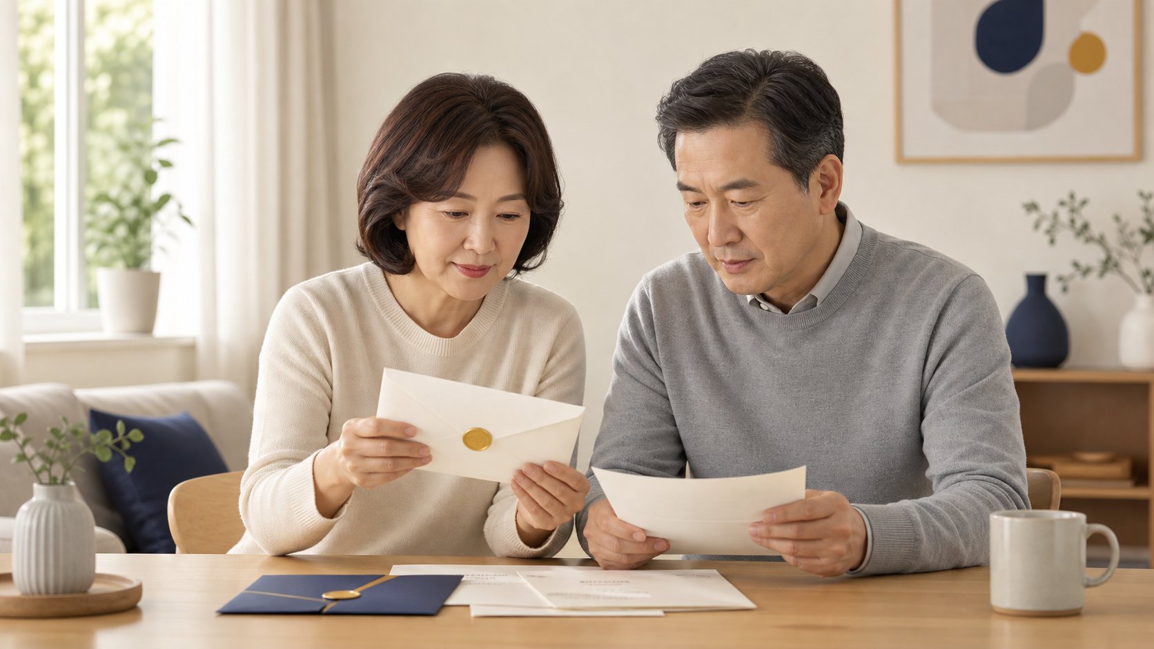 가족 두 명이 거실에서 봉인된 봉투와 서류를 펼쳐두고 차분히 살펴보는 단정한 장면
