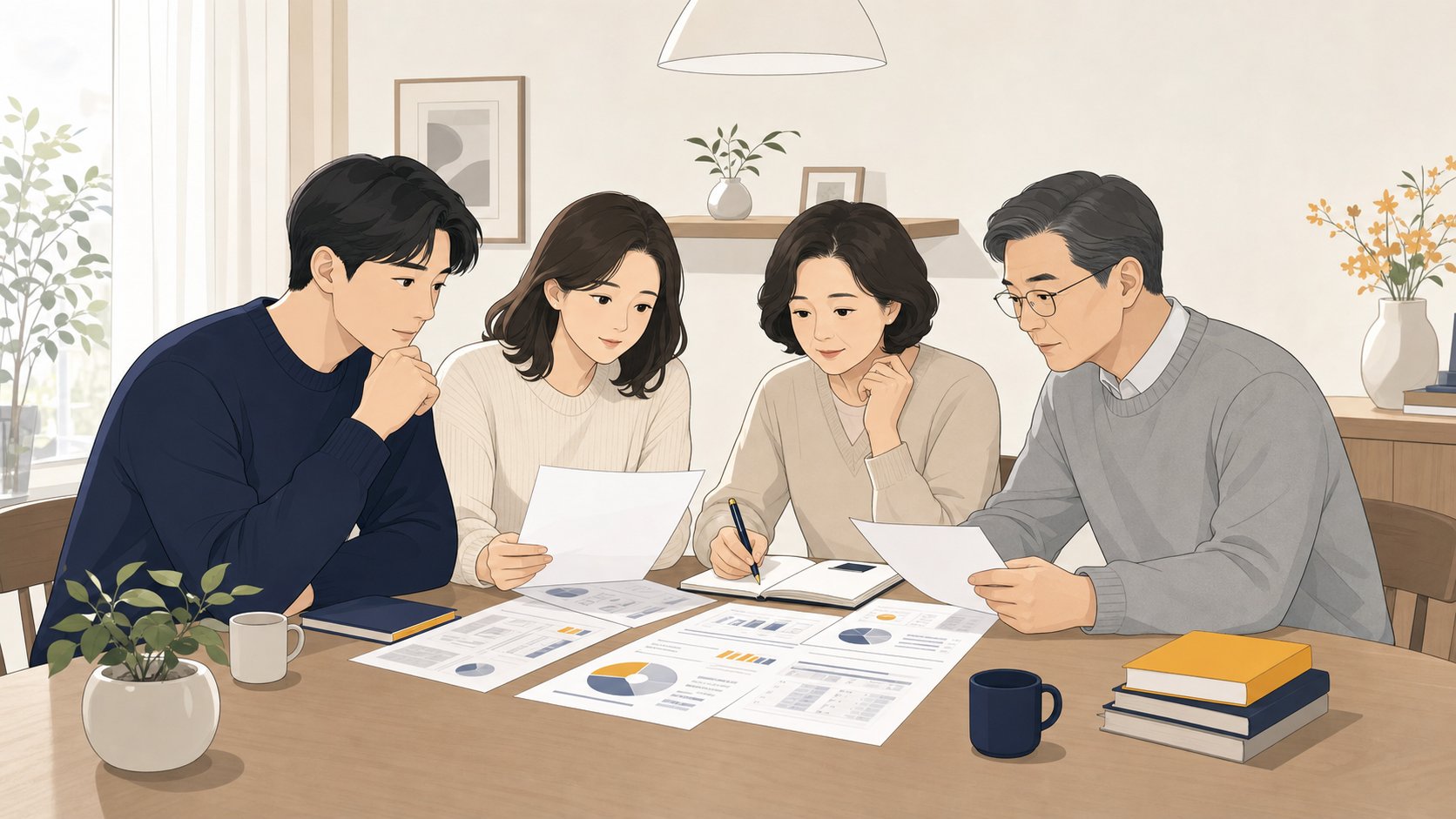 가족이 거실 식탁에서 안심상속 결과지와 자료를 펼쳐두고 상속 결정을 의논하는 장면