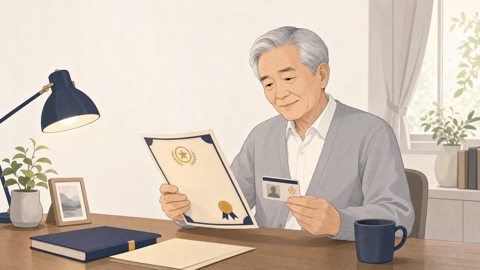 가족 한 명이 거실에서 보훈증서와 신분증 자료를 펼쳐두고 자격 여부를 확인하는 장면