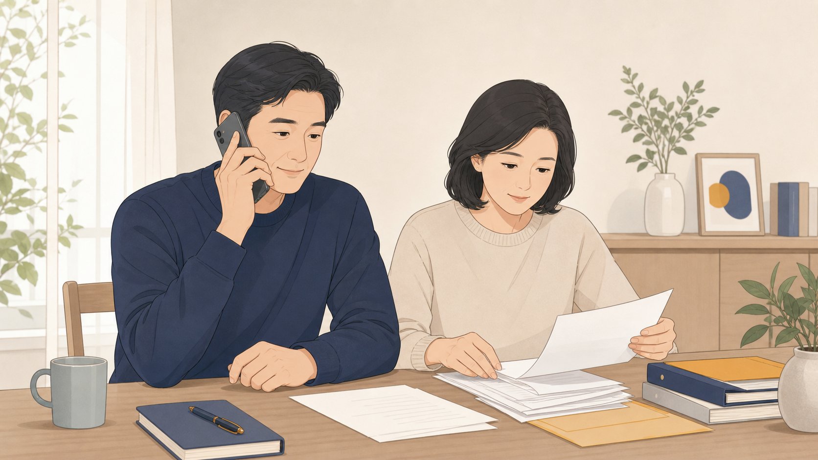 가족 한 명이 휴대폰으로 현충원 안내실에 통화하고 다른 가족이 옆에서 자료를 정리하는 장면