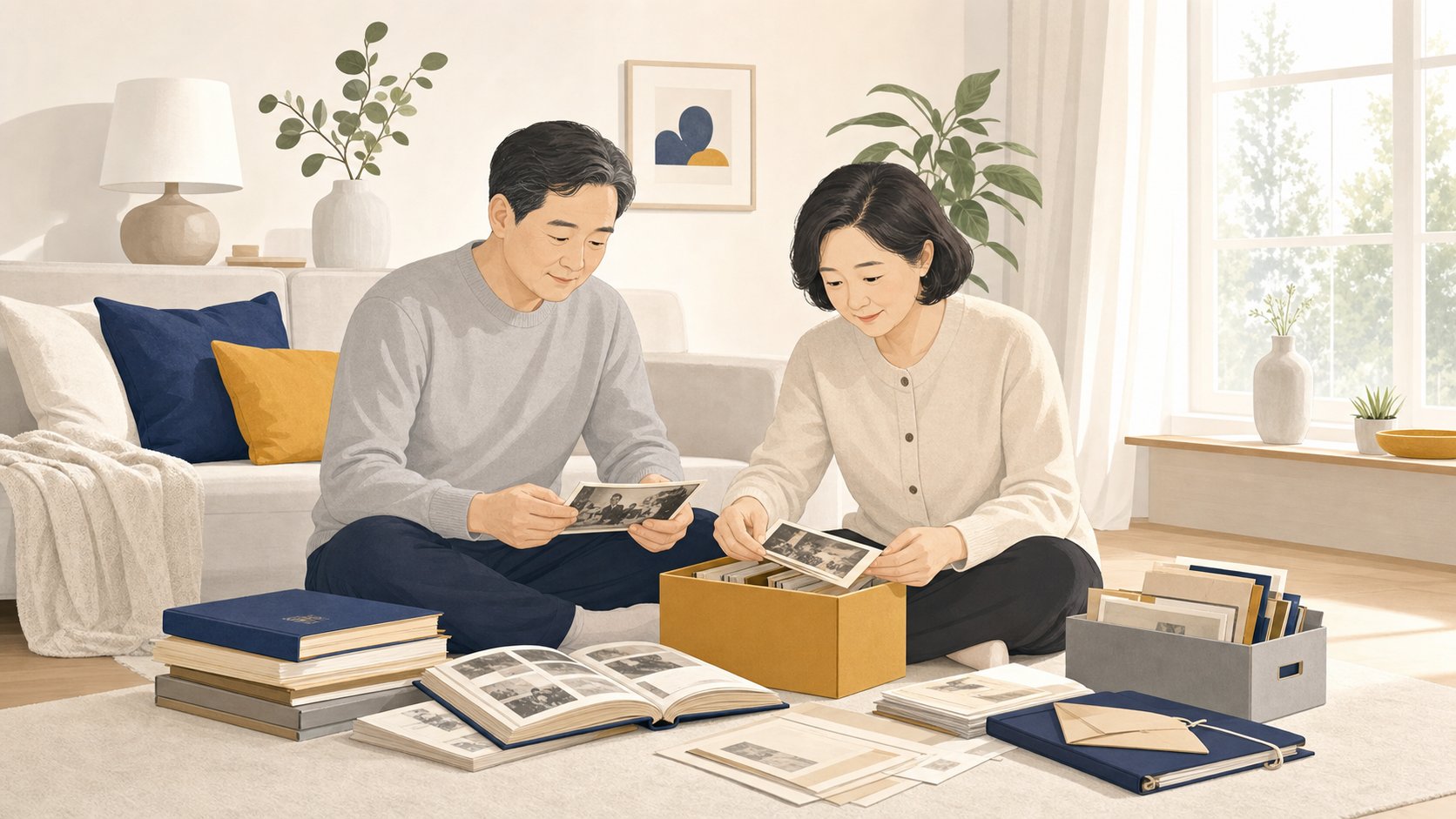 가족 두 명이 거실 바닥에 사진 앨범과 서류 박스를 펼쳐두고 분류하며 살펴보는 장면