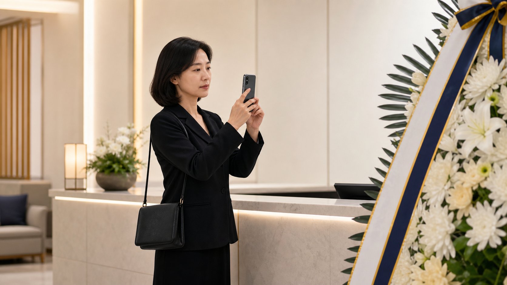 빈소 안내데스크에서 가족이 화환 리본 사진을 휴대폰으로 찍는 장면 일러스트