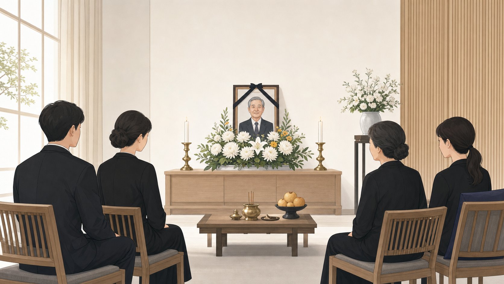 작은 가족 빈소에서 가까운 친지 몇 명이 차분히 자리를 지키는 장면 일러스트