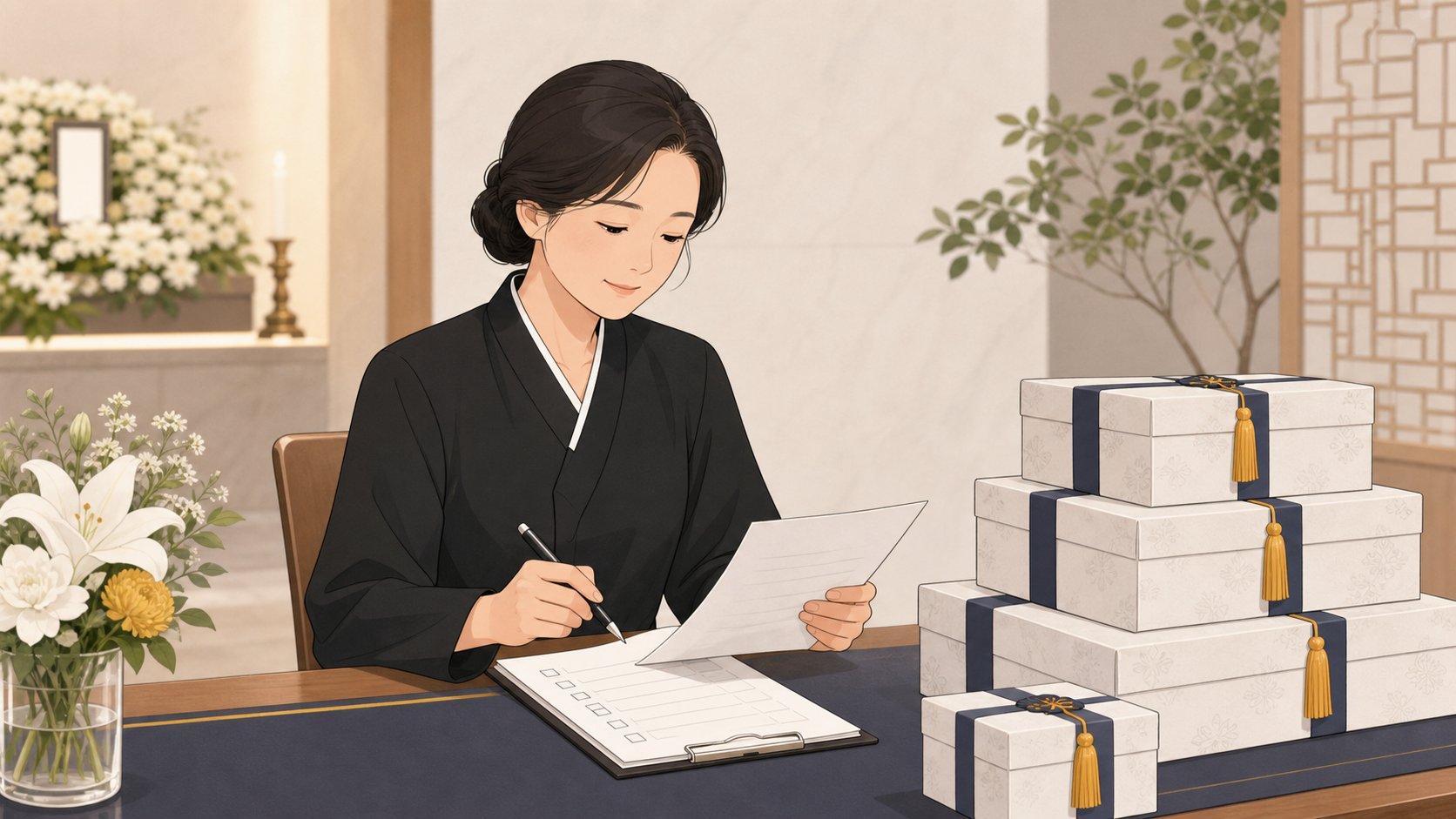 안내데스크에서 가족이 답례품 박스 수량을 체크리스트로 확인하는 장면 일러스트