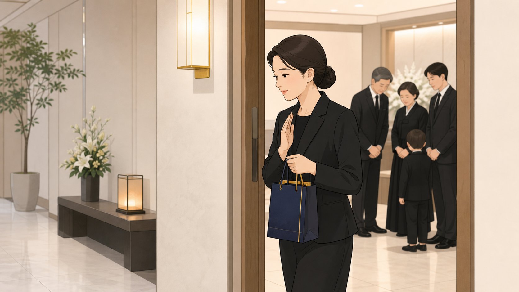 조문객이 답례품 봉투를 손에 들고 빈소를 나서는 차분한 일러스트