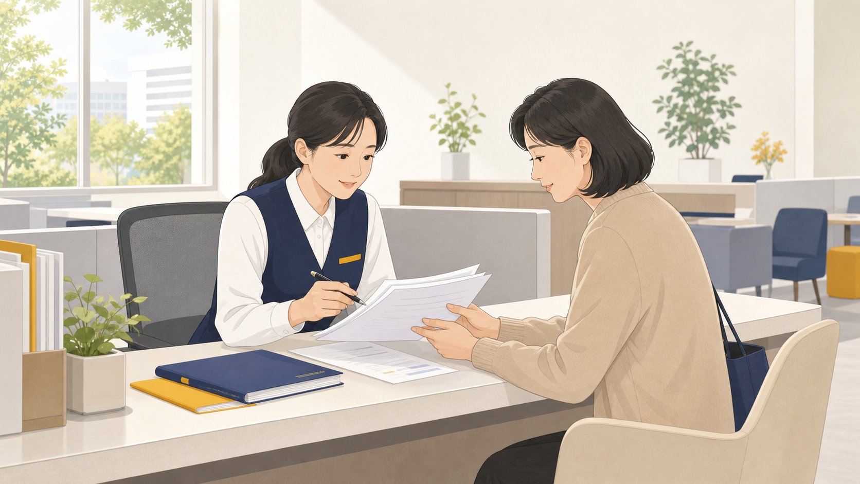행정복지센터 창구에서 직원과 이웃이 차분히 서류를 살펴보는 일러스트