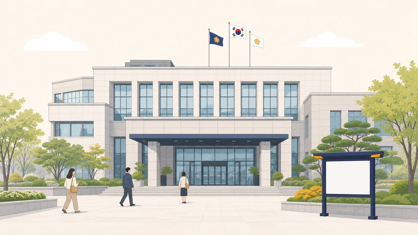충청도 시군청 건물 외관과 입구에 안내 표지판이 보이는 일러스트