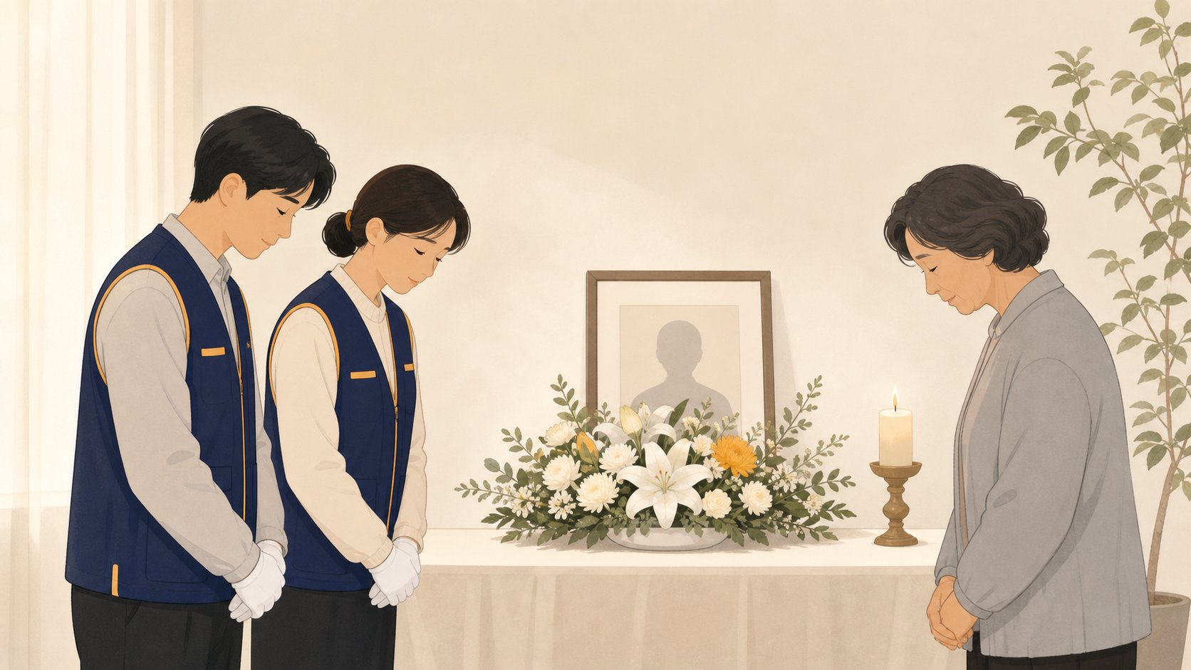 공영장례 빈소에서 자원봉사자와 이웃이 짧게 추모하는 차분한 장면 일러스트