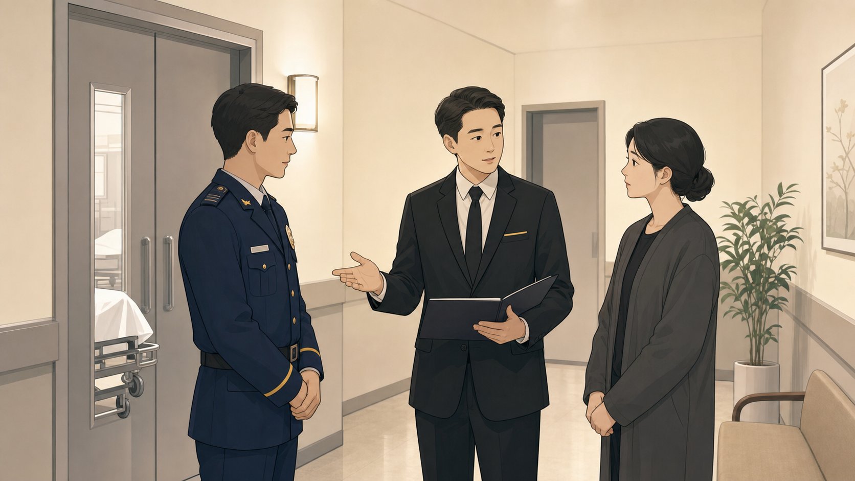 안치실 앞 복도에서 경찰과 장례지도사가 가족에게 절차를 설명하는 장면 일러스트