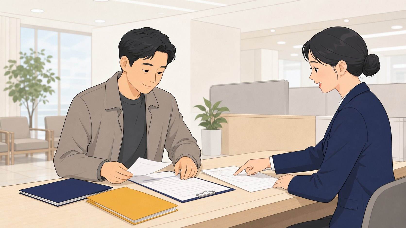 가족이 행정복지센터 창구에서 사망신고 서류를 정리하는 장면 일러스트