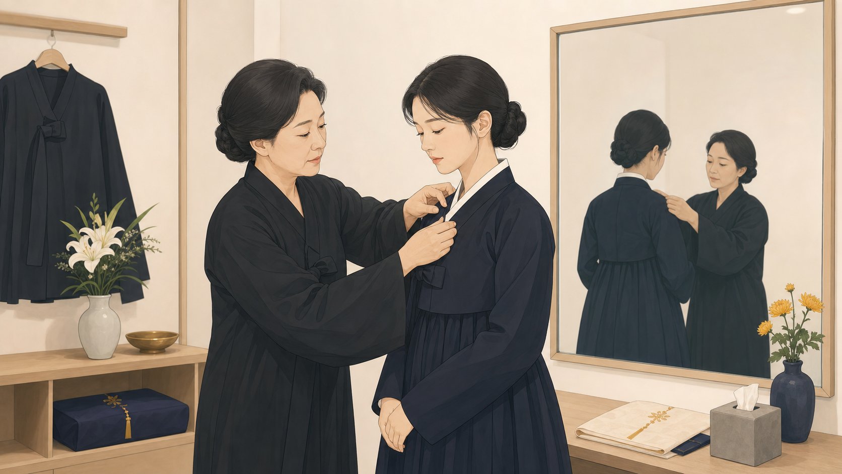 가족 구성원이 빈소 대기실에서 한복을 정돈해 입고 있는 차분한 장면 일러스트