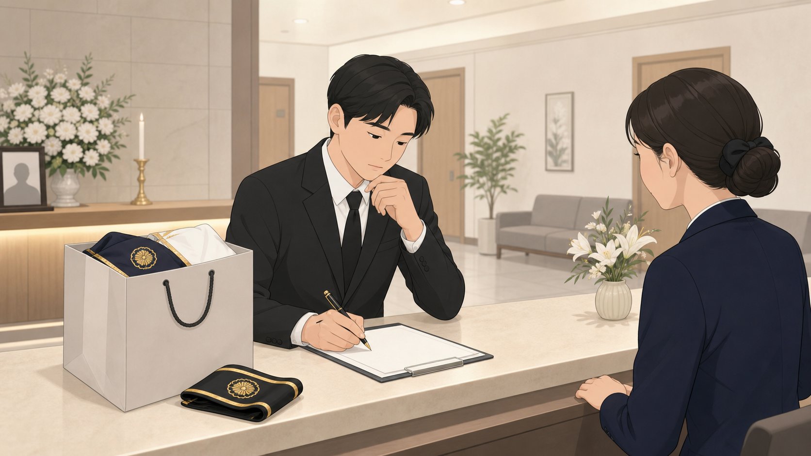 빈소 안내데스크에서 가족이 상복 대여 신청서를 작성하는 장면 일러스트