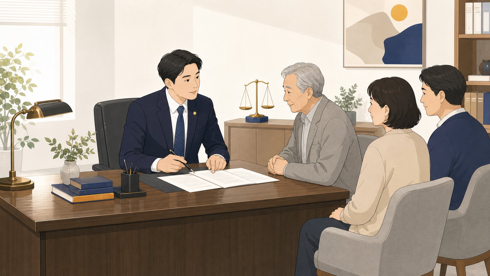 공증사무소에서 변호사와 가족이 차분히 서류를 살펴보는 장면 일러스트