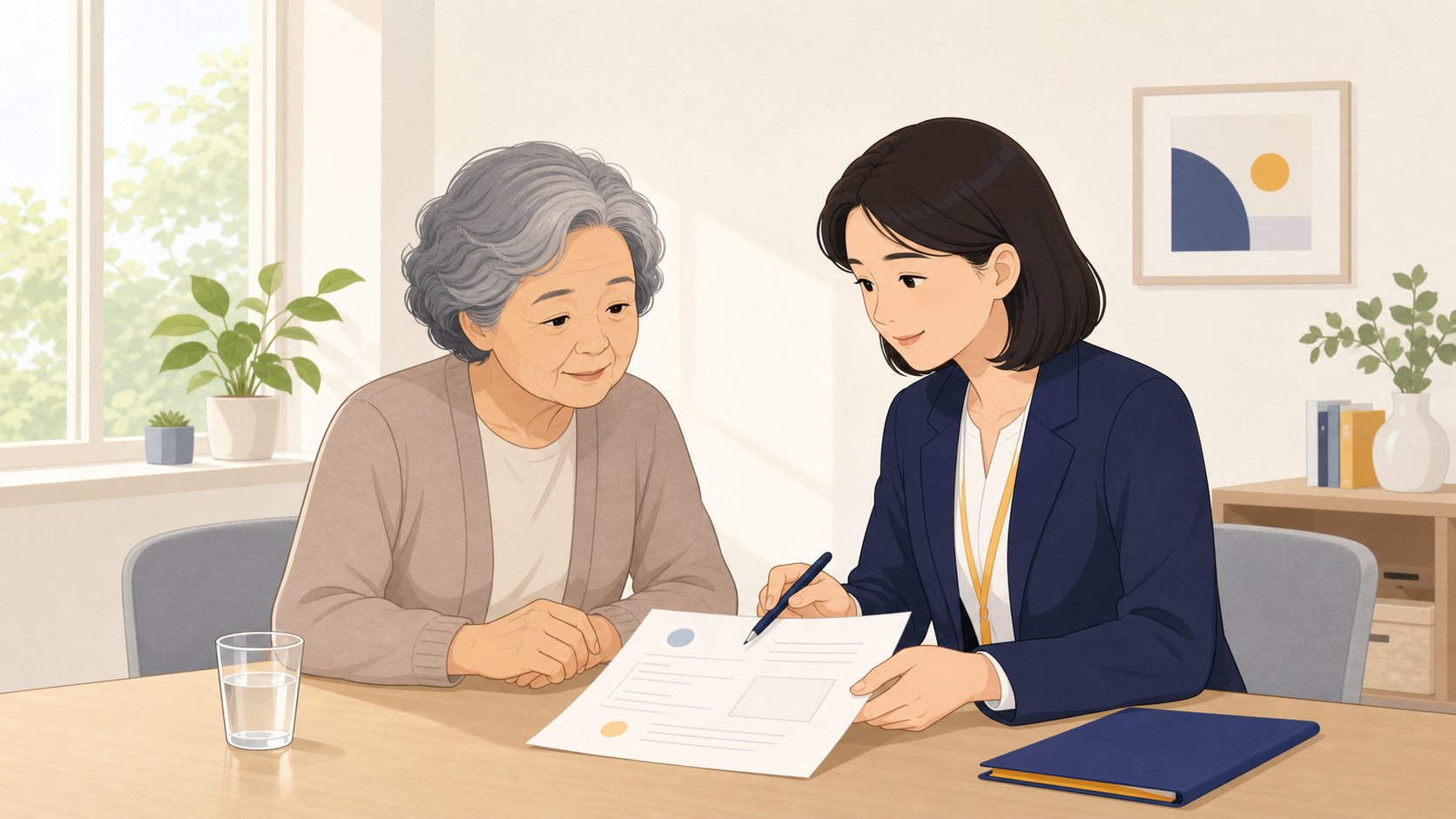 보건소 상담실에서 어르신과 상담사가 서식을 함께 살펴보는 장면 일러스트