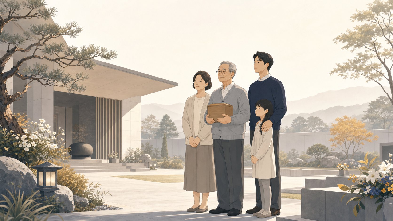 화장장 외부 차분한 추모 공간에서 가족이 유골함을 들고 서 있는 장면 일러스트