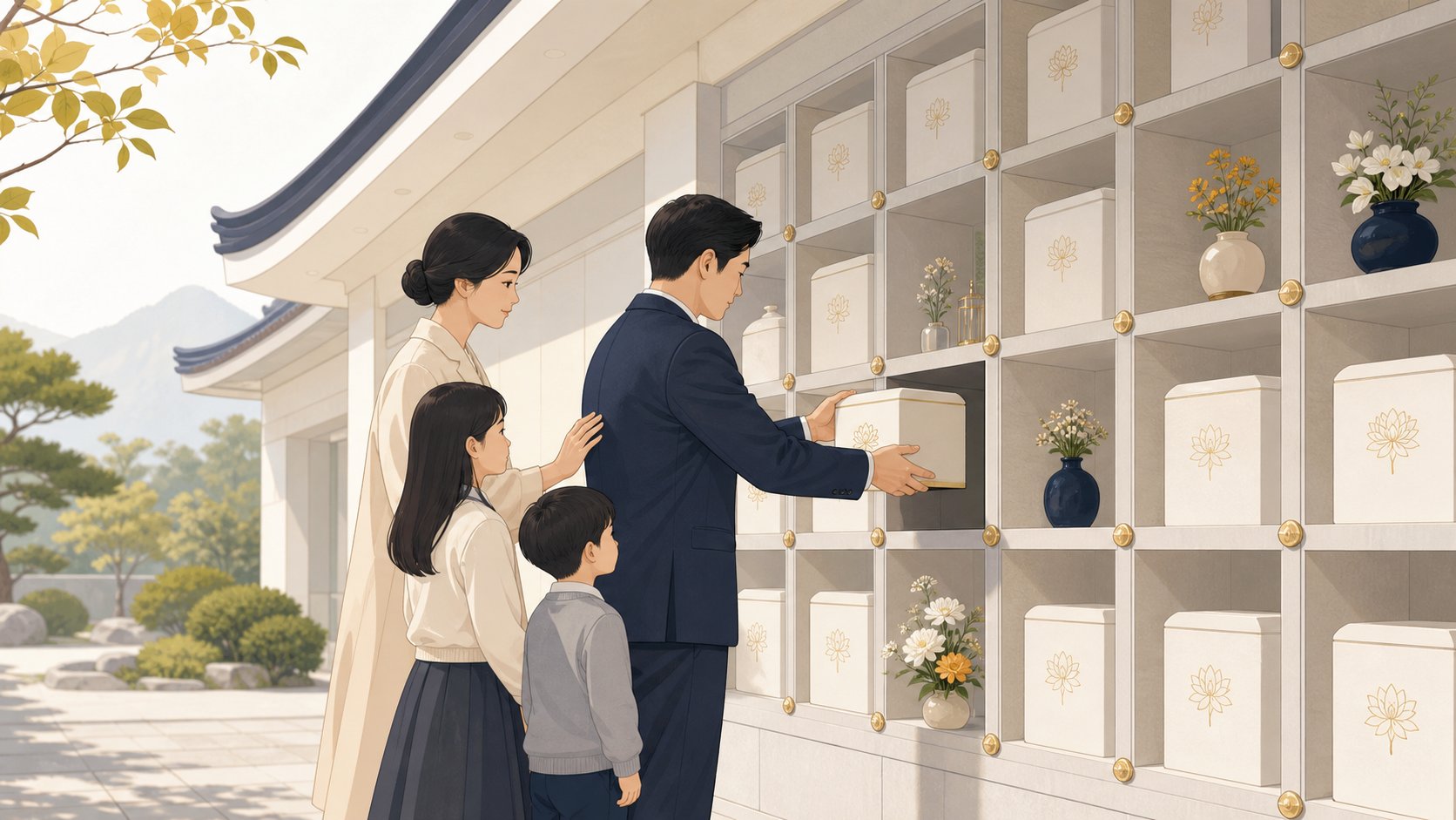 봉안당 외부에서 가족이 유골함을 손에 들고 차분히 안치하는 장면 일러스트