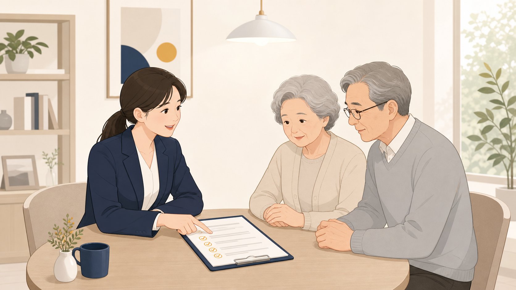 상담사와 노년 가족이 상조 계약서를 함께 검토하는 일러스트