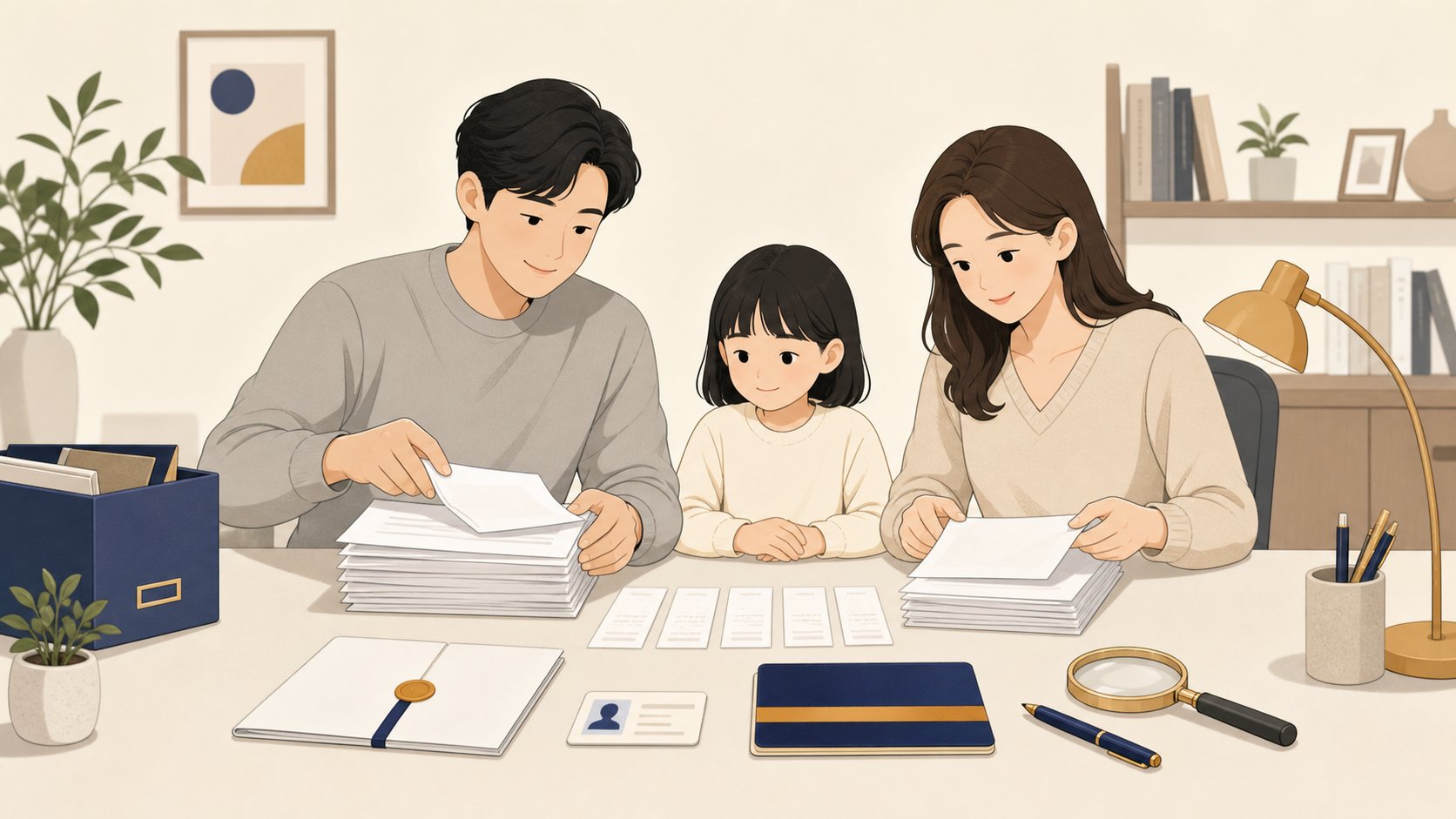 가입자가 책상에서 계약서와 영수증 신분증을 정리하며 청구 준비를 하는 일러스트