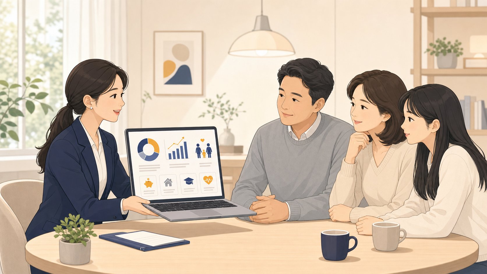 상담사가 노트북 화면을 가족에게 보여주며 보전 제도를 안내하는 일러스트