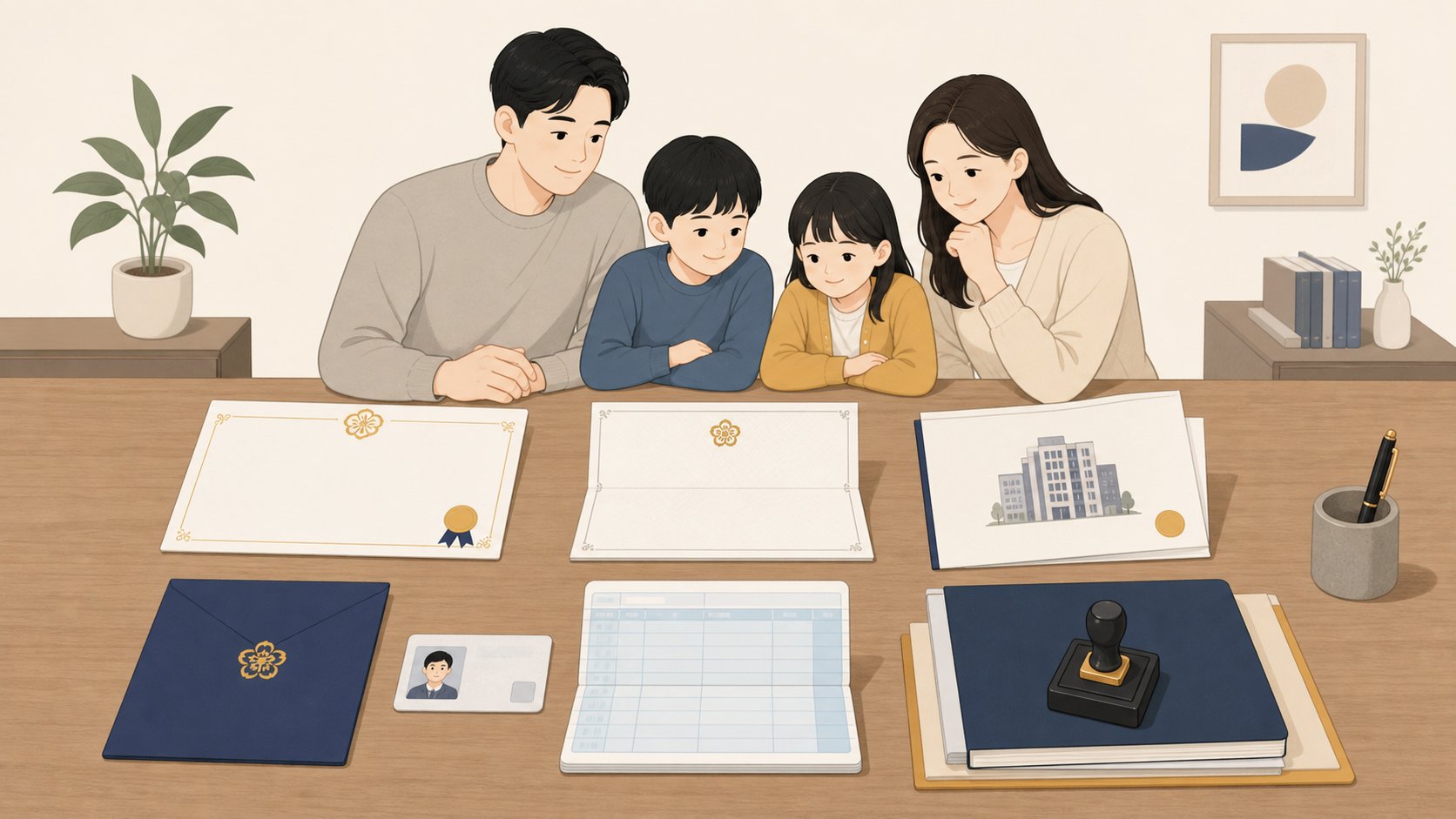 책상 위에 가지런히 정리된 사망진단서와 가족관계증명서 등기부등본 도장 신분증 사본의 모음 일러스트