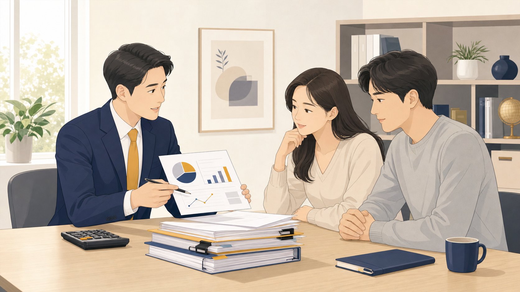 세무사 상담실에서 가족이 세무사와 상속세 신고서를 검토하는 일러스트