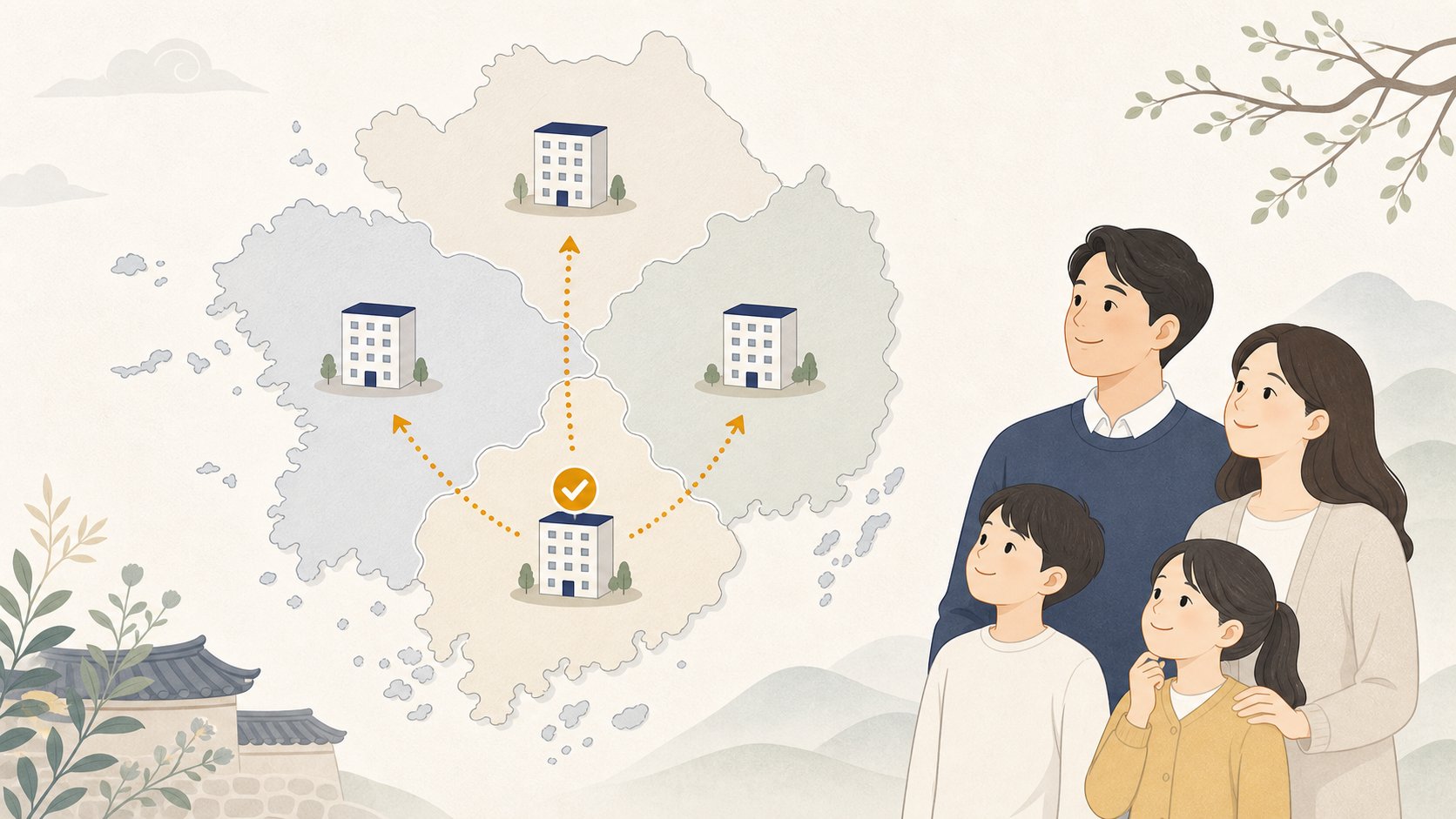 충청도 4개 권역 지도 위에 1지망 식장 만석 표시와 인근 권역으로 향하는 점선 동선 일러스트