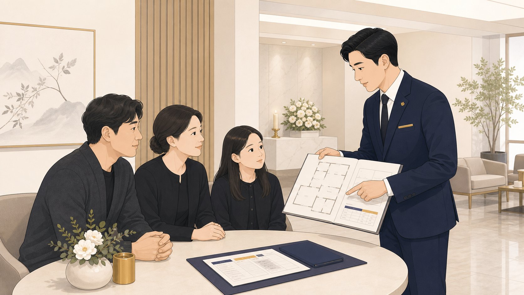 장례지도사가 가족과 빈소 배치도와 일정표를 들고 예약을 안내하는 일러스트