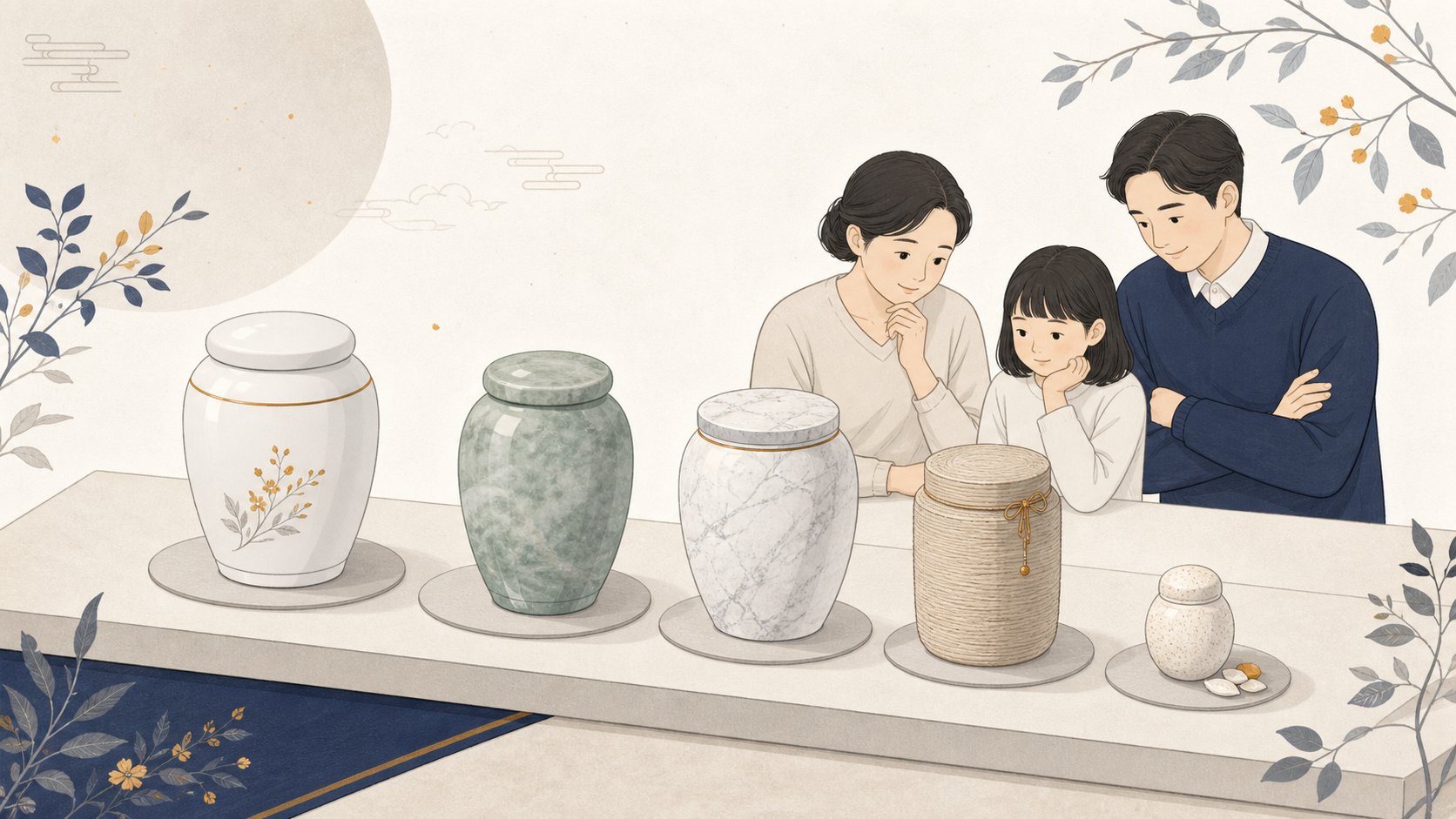 백자 옥 대리석 친환경 분해함 등 다양한 유골함 재질이 나란히 진열된 인포그래픽 일러스트