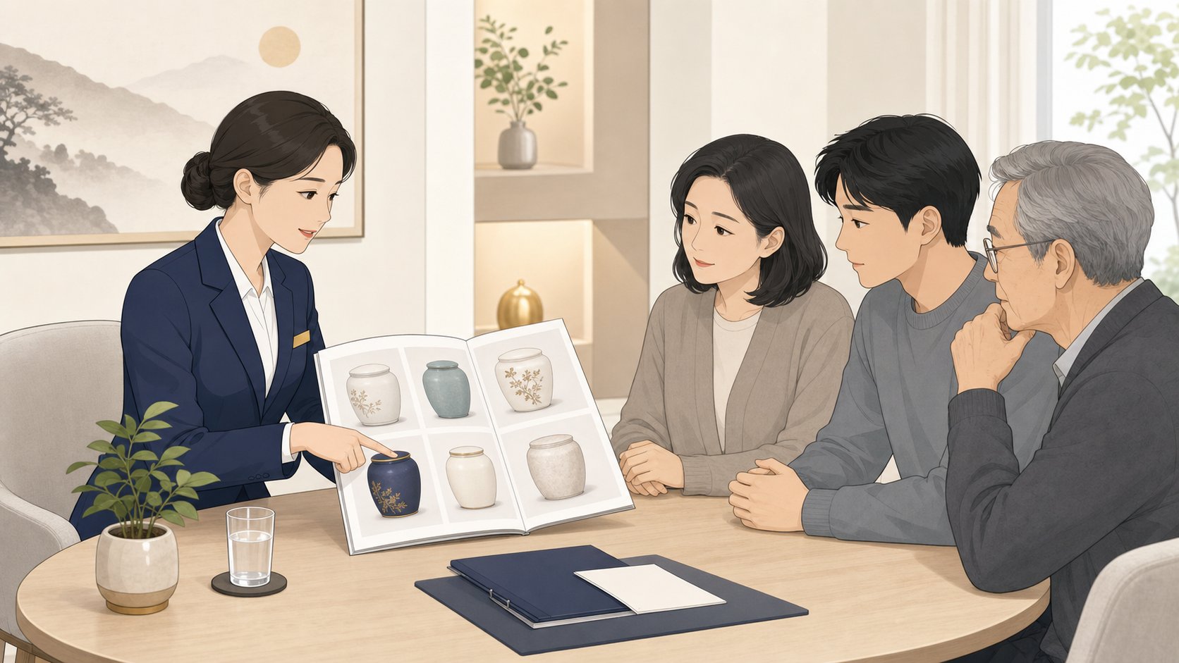 가족이 봉안시설 직원과 함께 유골함 카탈로그를 보며 안치 방식을 의논하는 일러스트