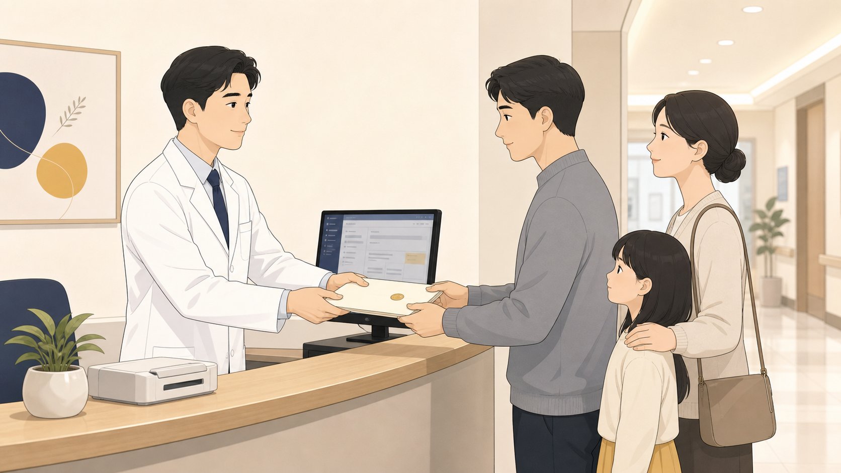 의사가 컴퓨터 화면에서 사망 관련 서류를 출력해 가족에게 봉투에 넣어 전달하는 일러스트