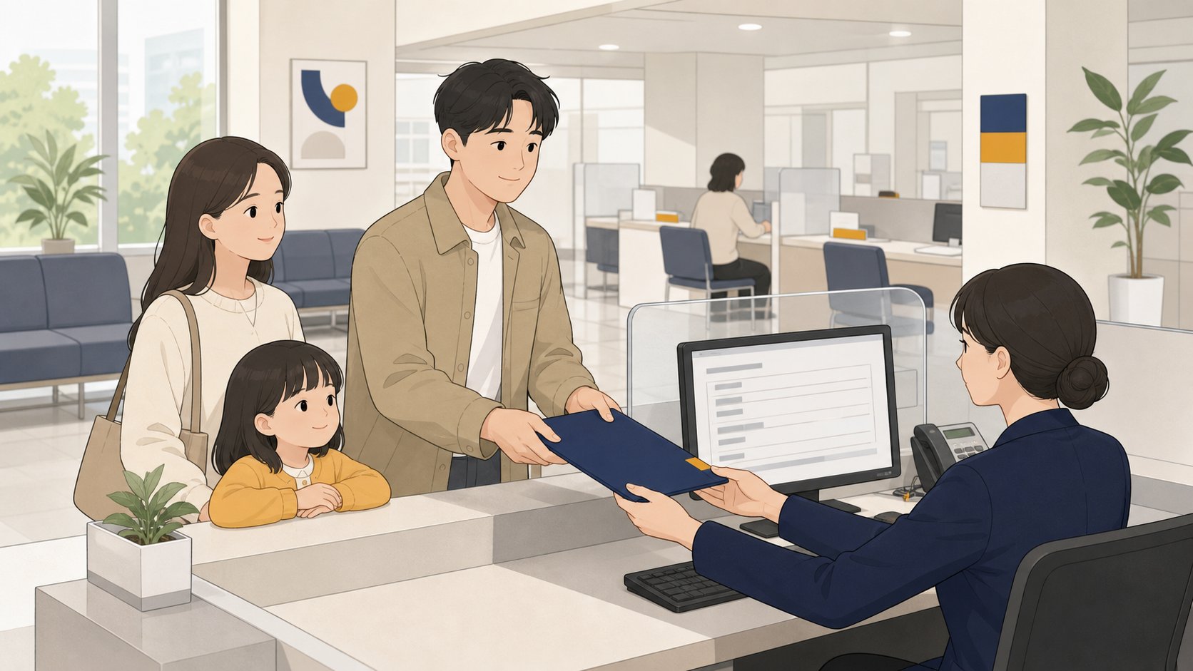 가족이 주민센터 창구에서 사망신고 서류를 제출하며 안내받는 일러스트