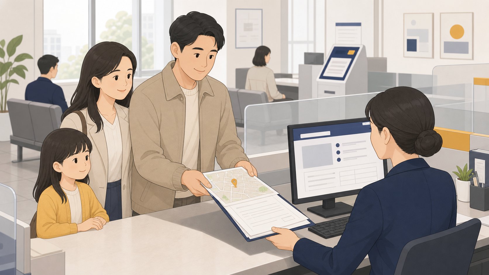 시군구청 창구에서 가족이 개장 신고서와 분묘 위치 자료를 제출하며 안내받는 일러스트