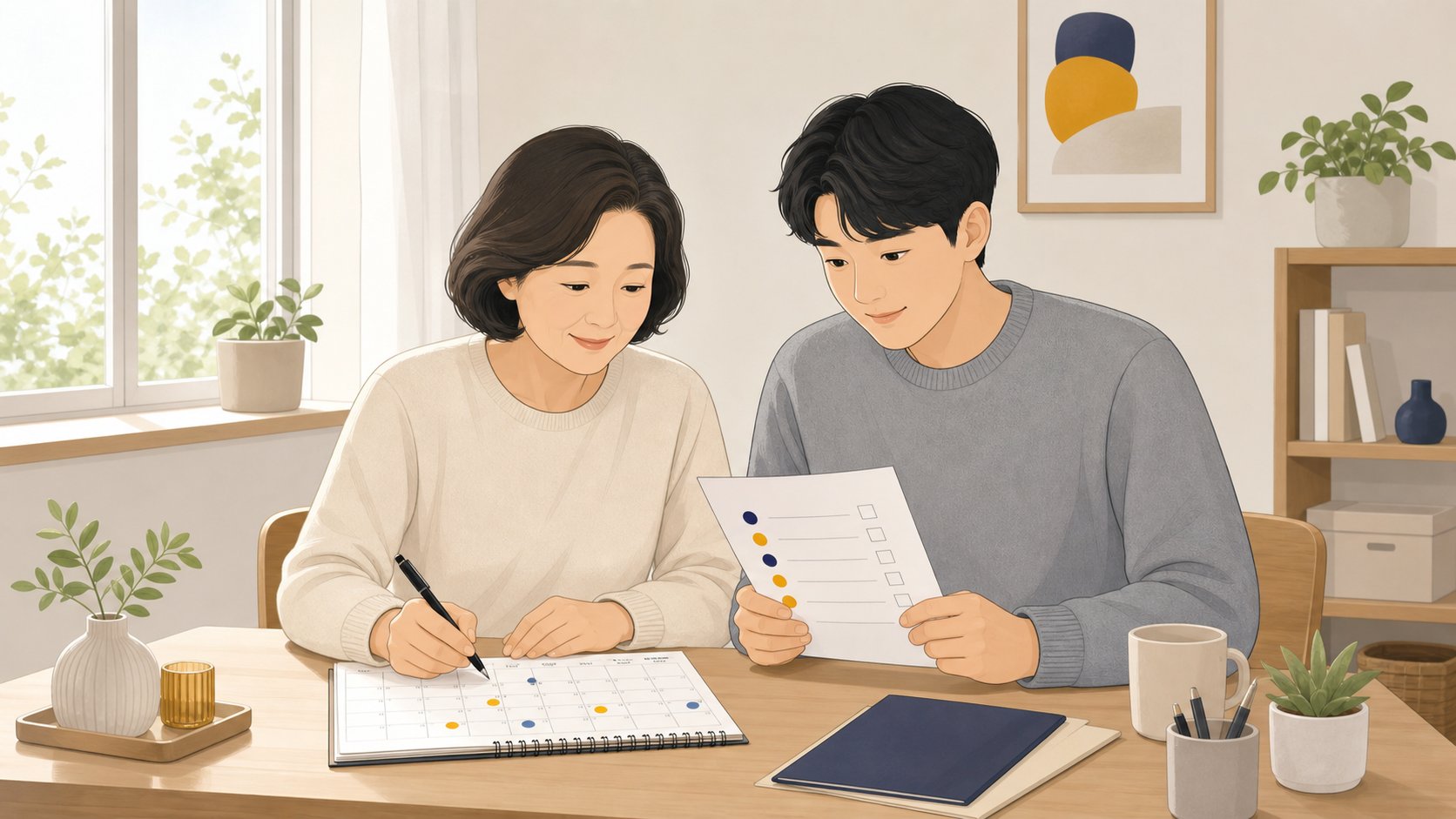 가족 두 명이 책상에서 캘린더와 서류 체크리스트를 펼쳐두고 신청 일정을 차분히 정리하는 장면