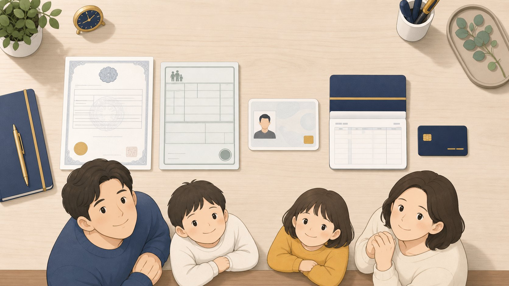 책상 위에 사망진단서 가족관계증명서 신분증 통장이 가지런히 놓인 청구 서류 안내 장면