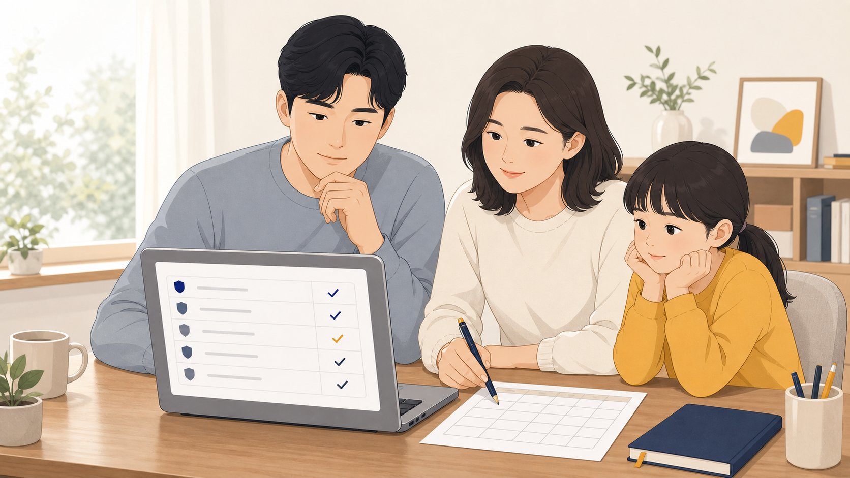 가족이 노트북 앞에서 보험사 목록과 청구 일정 체크리스트를 차분히 정리하는 장면