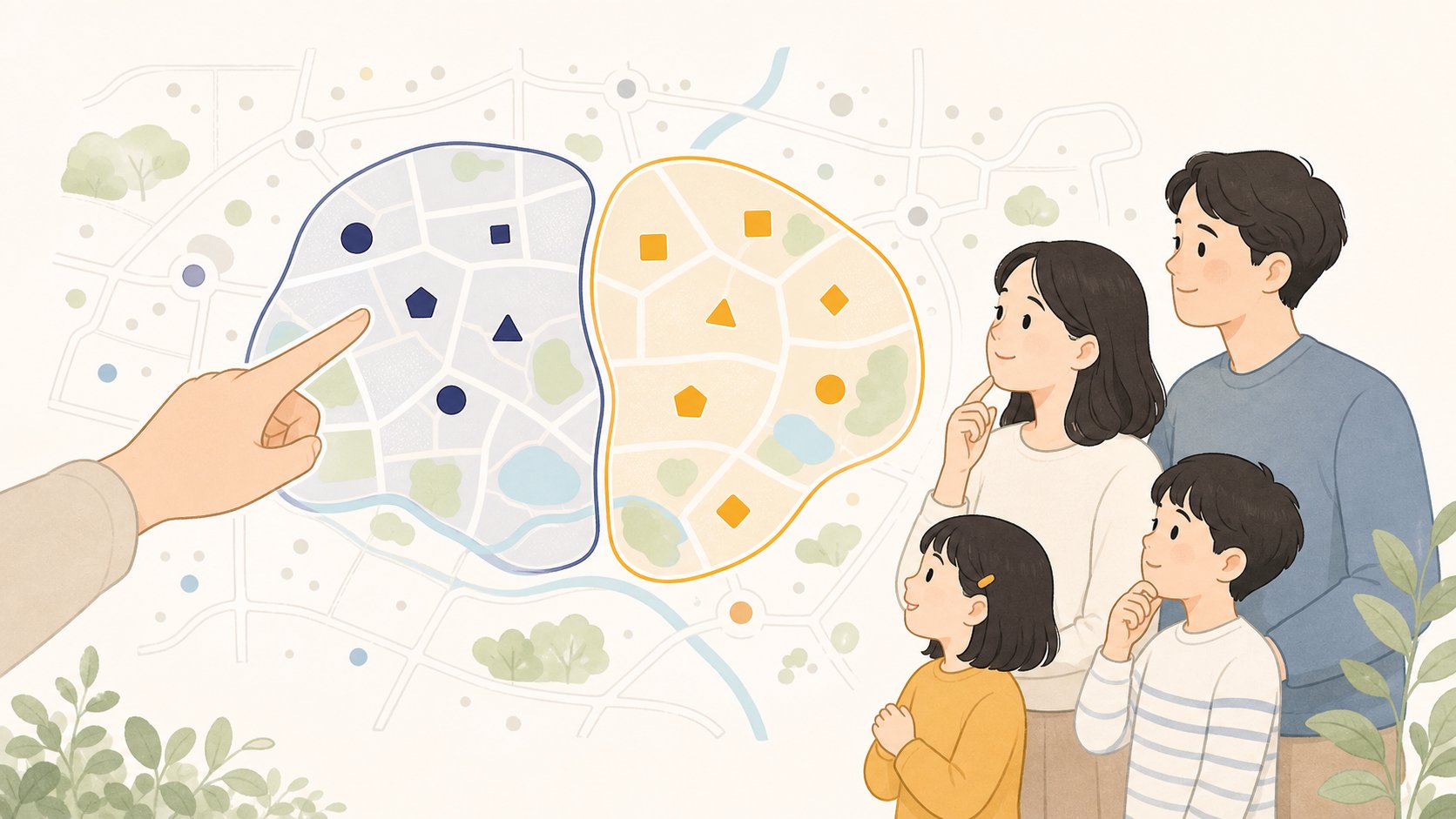 천안 동남구 서북구가 단순한 형태로 표시된 권역 지도와 한 권역을 차분히 가리키는 손