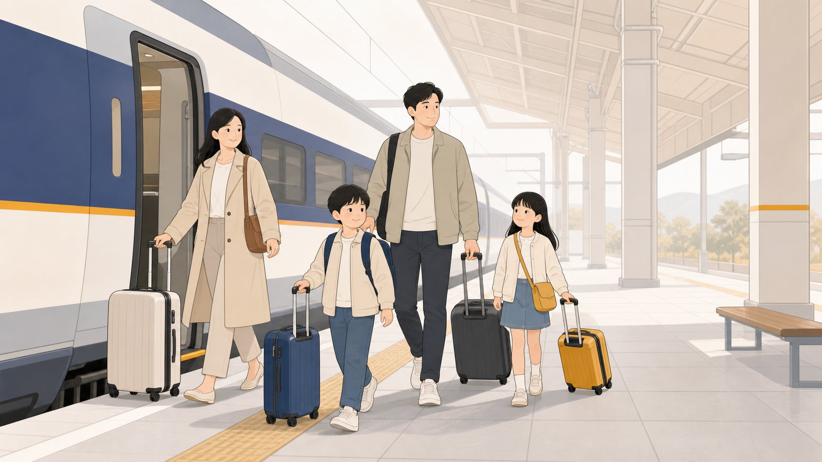 외지에서 도착한 가족이 KTX 천안아산역 플랫폼에서 차분히 짐을 들고 내리는 장면