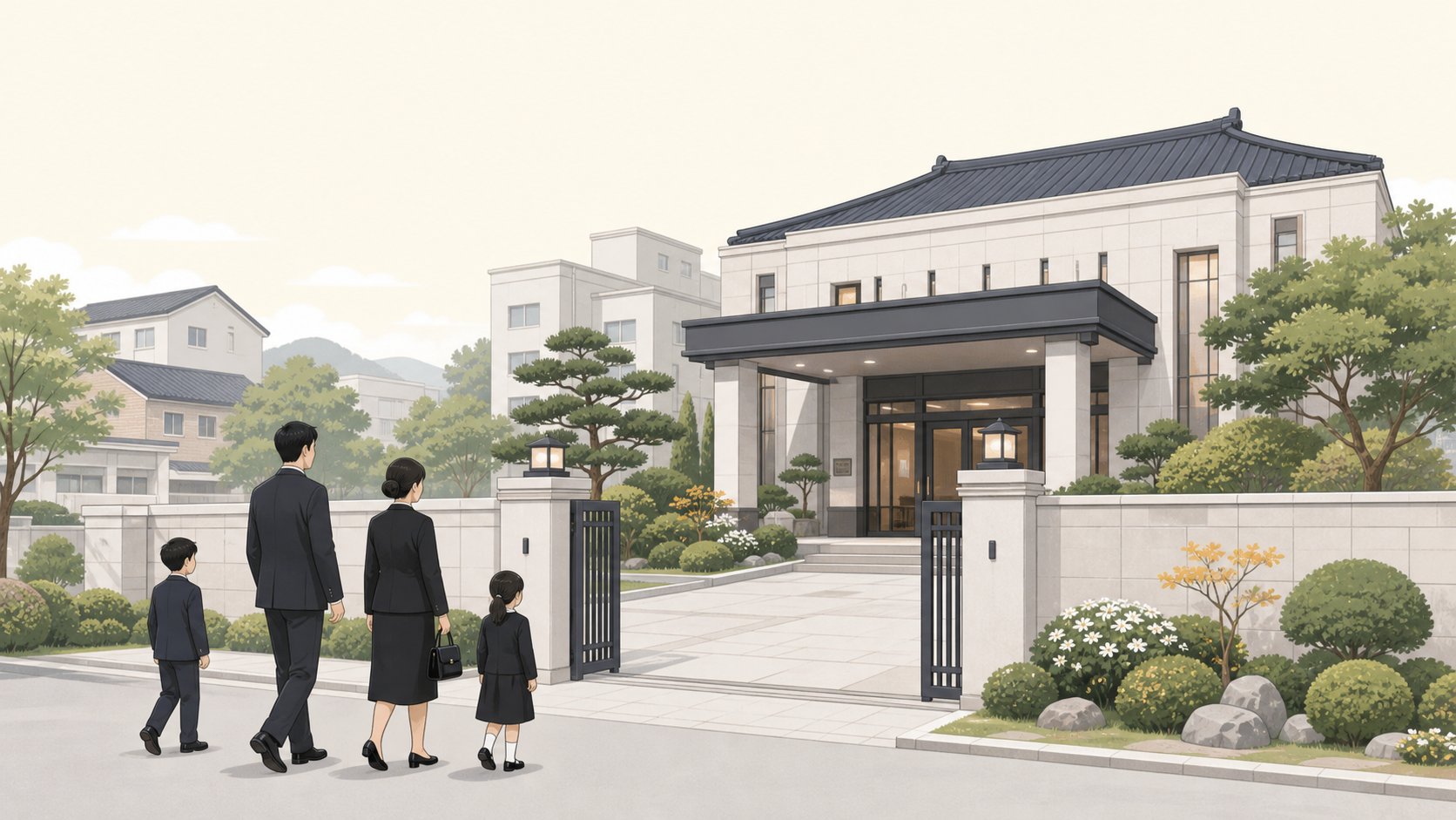 단정한 천안 시내 거리에 자리한 장례식장 외관과 입구로 향하는 가족 일러스트